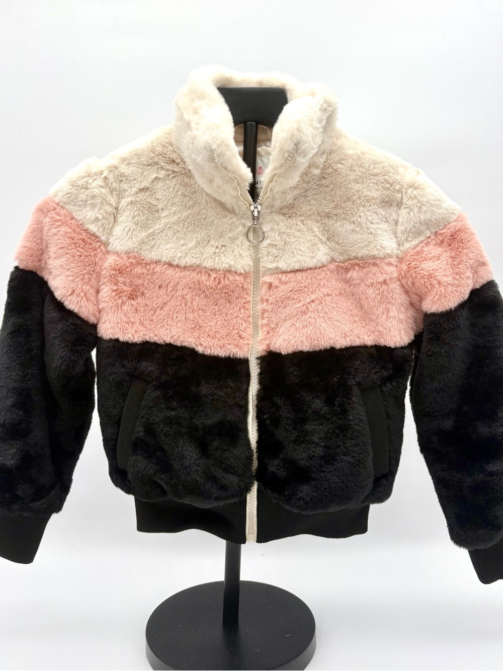 NWT Urban Republic Girls Faux Fur Colorblock Bomber Jacket Pink Cream Black 6X